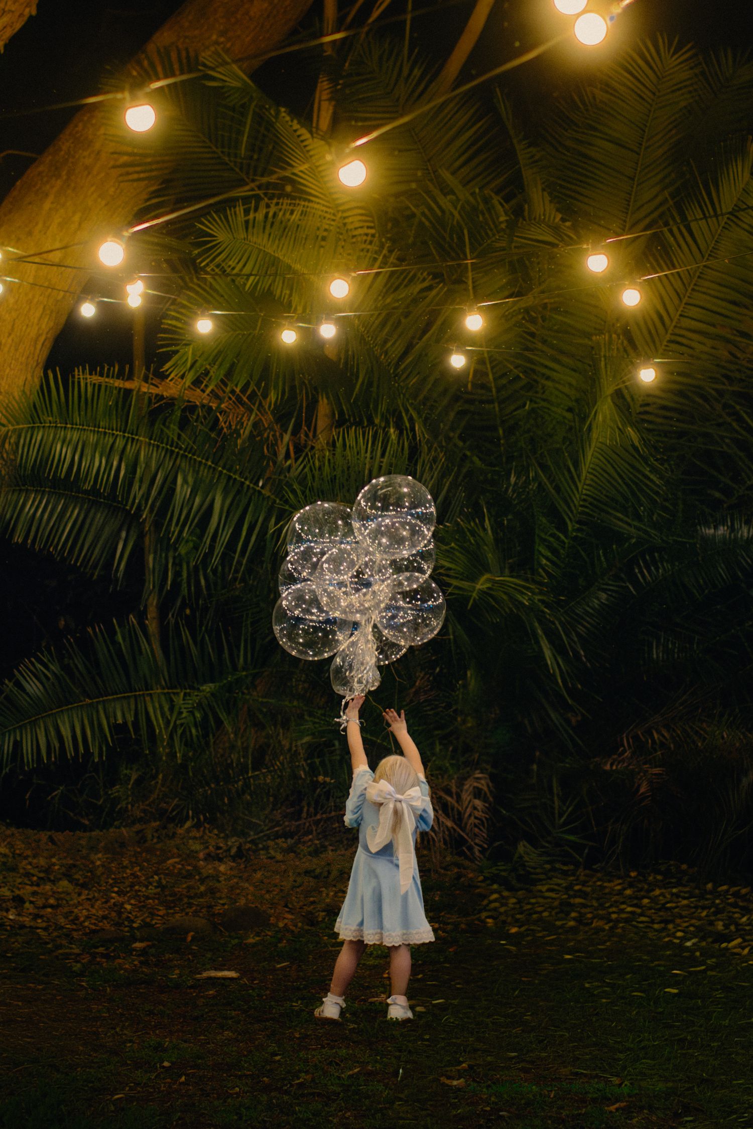 String lights illuminate a nighttime scene with palm trees and glowing decorative elements.