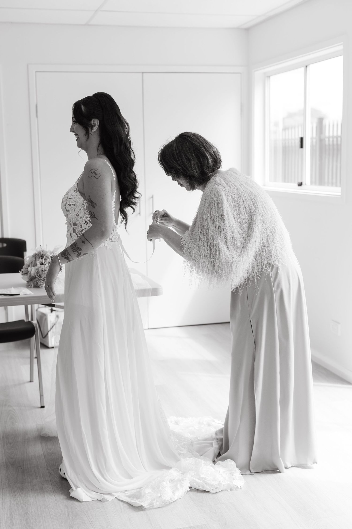 A series of photos showing people in white dresses during wedding preparations.