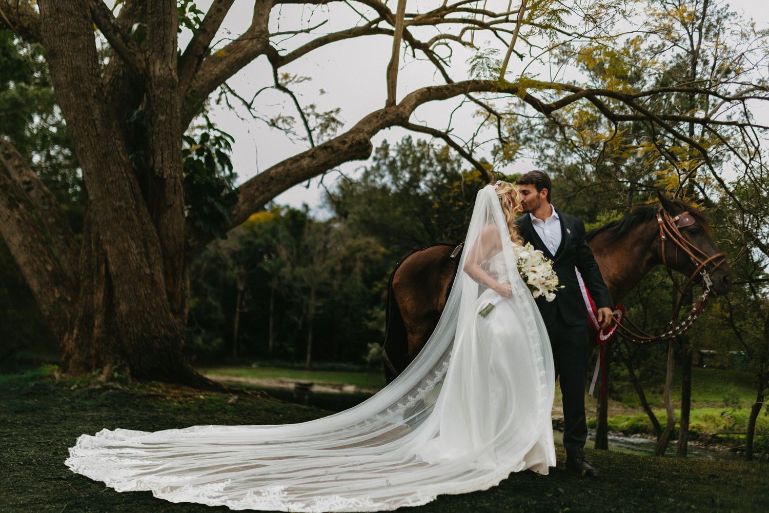 Wedding couple poses under large tree branches during outdoor photo session.