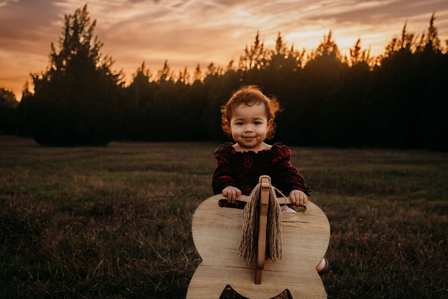 A child rides a wooden rocking horse at sunset with evergreen trees in the background.