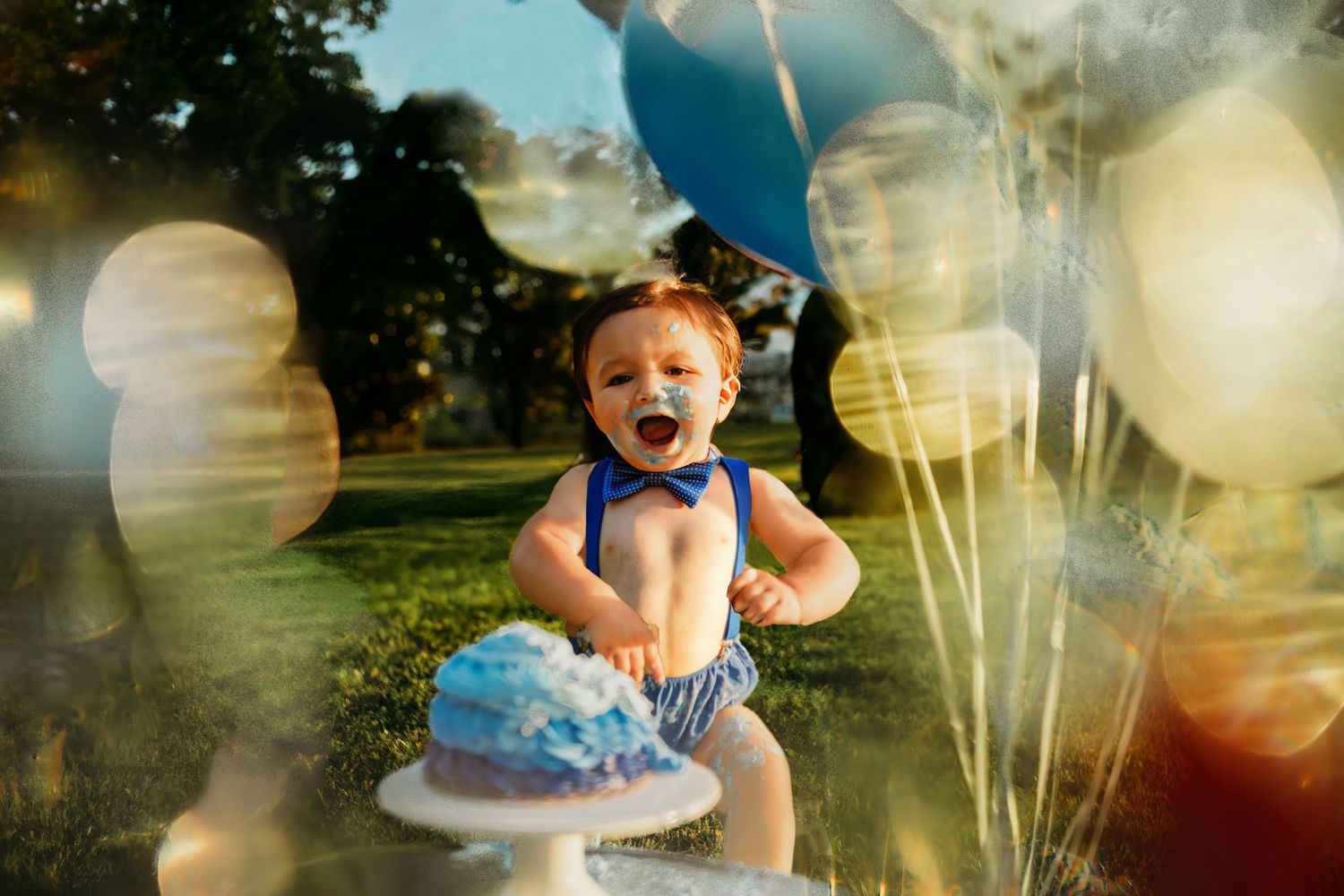 Whimsical summer photoshoot with bubbles and golden sunlight creating a magical outdoor atmosphere.