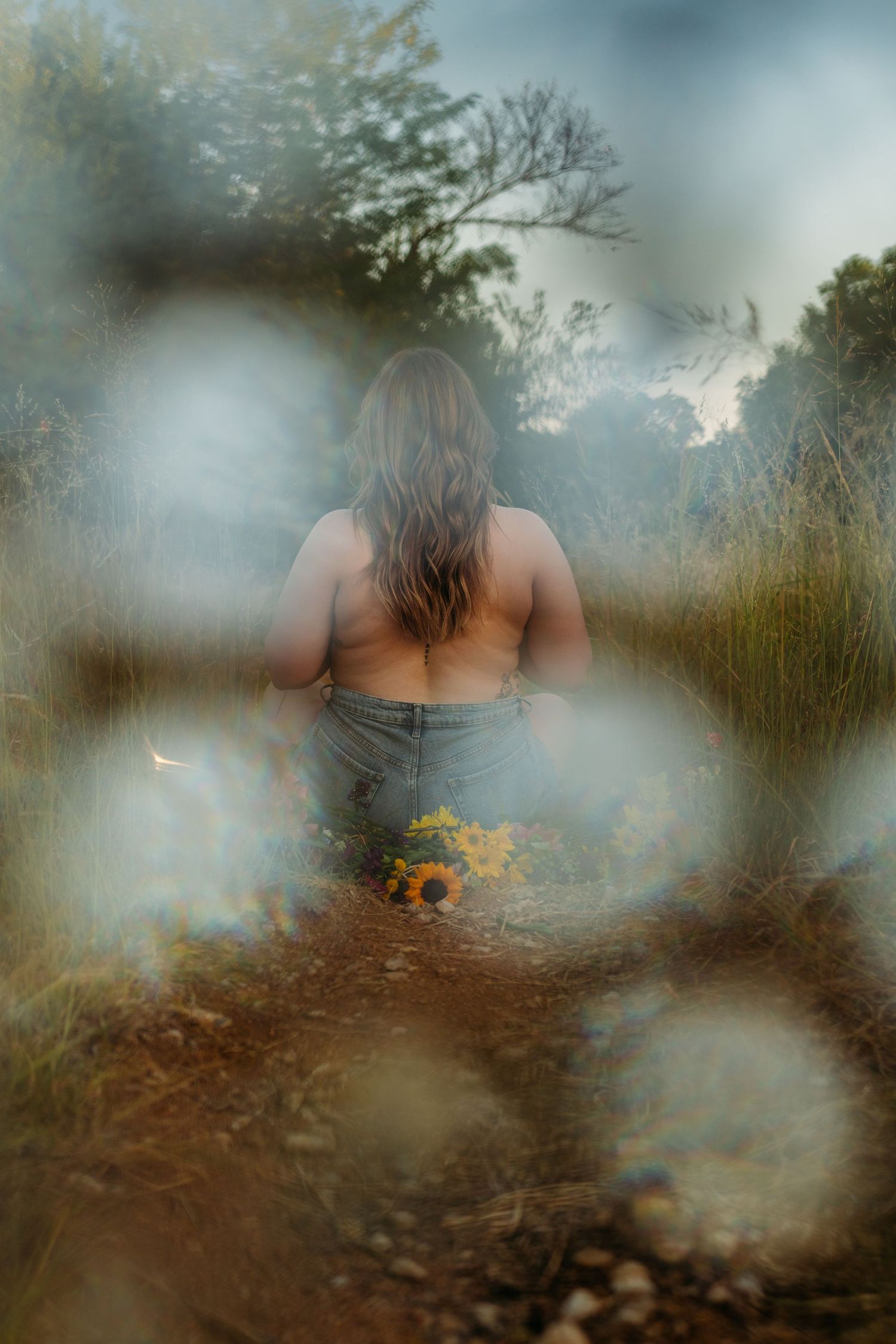 Artistic sequence of ethereal photos with dreamy bokeh effects showing a figure in nature with sunflowers.