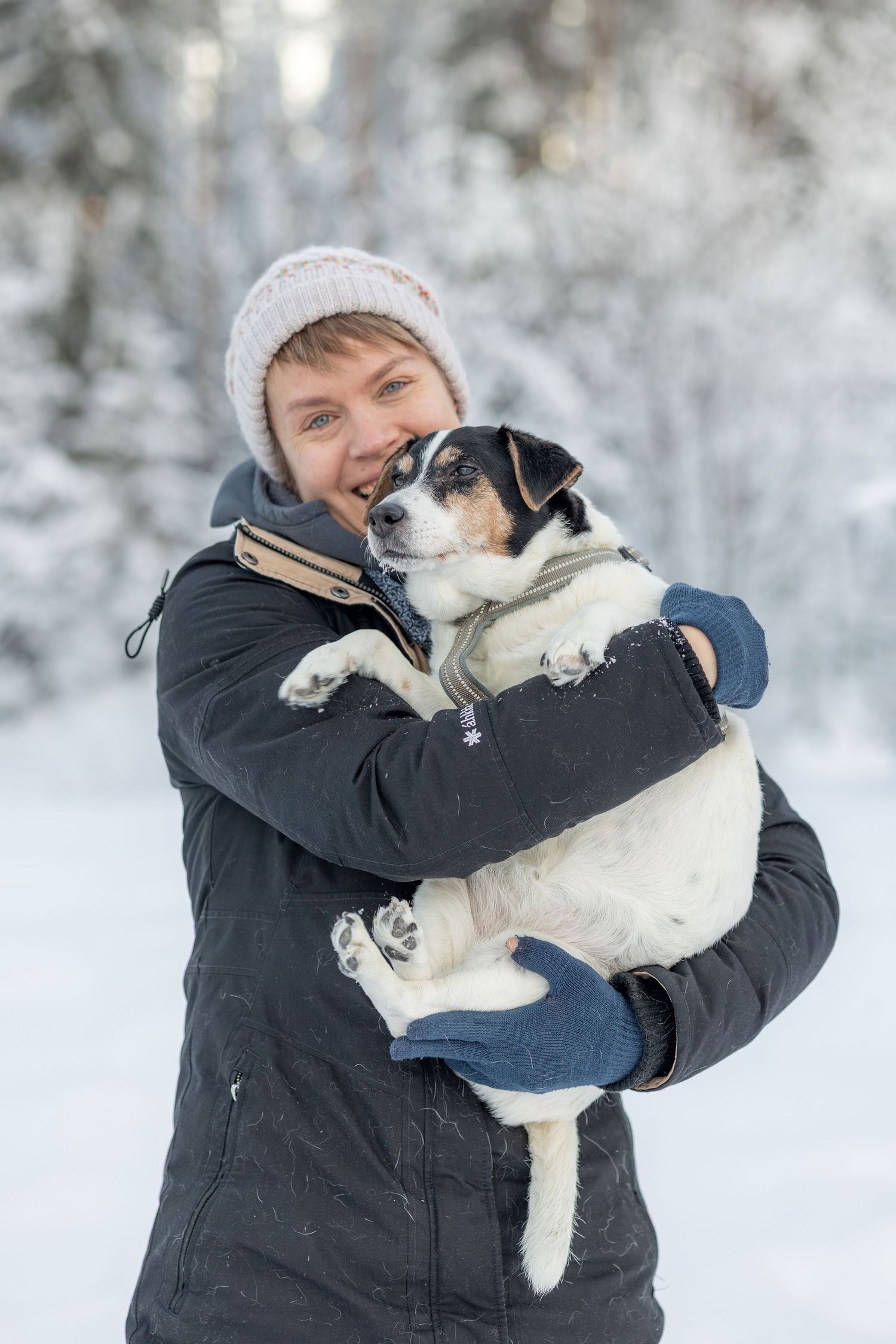 Henkilö pitää sylissään pientä kirjavaa koiraa talvimaisemassa.
