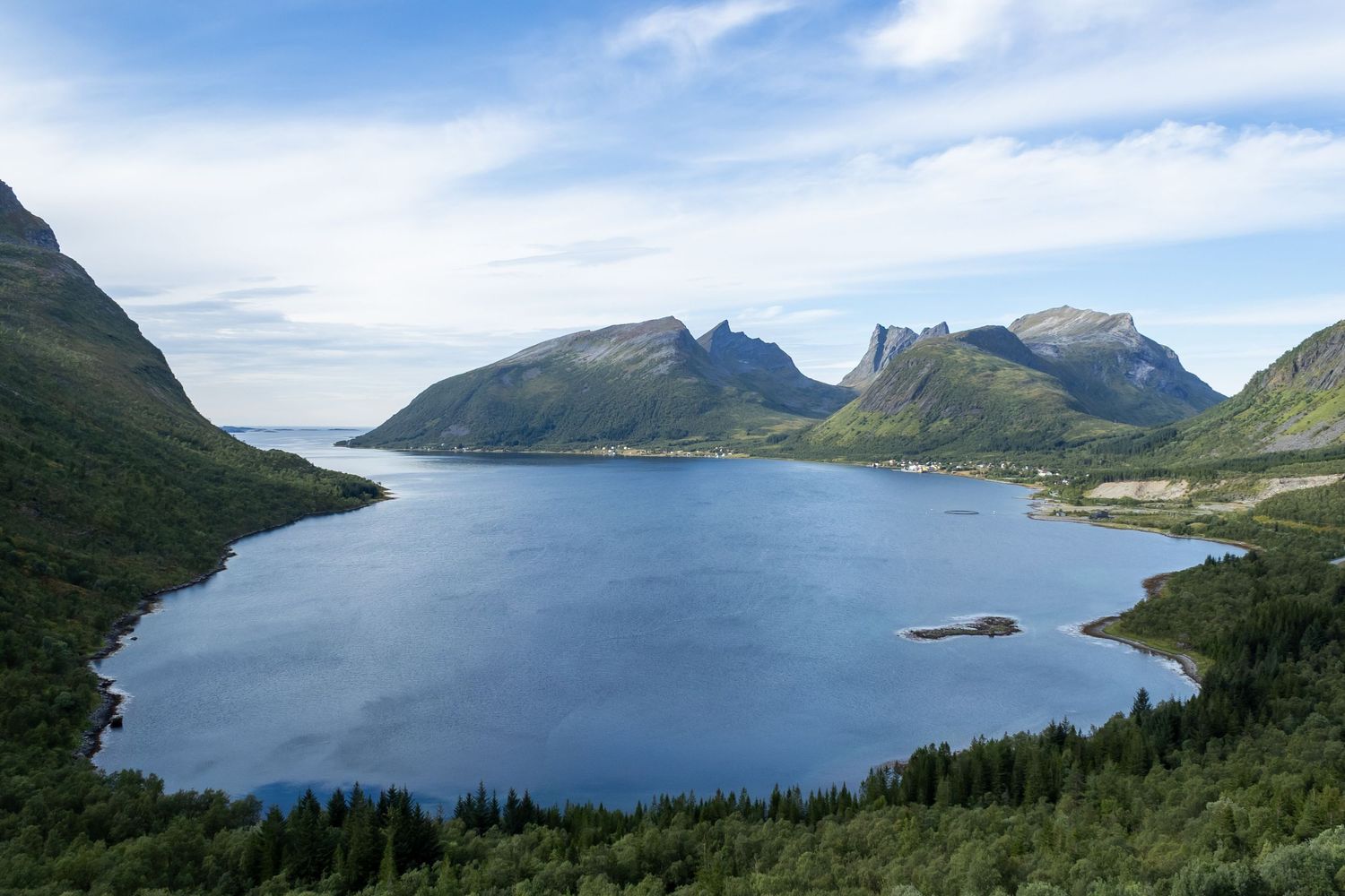 Panoramic view of a serene fjord surrounded by majestic mountains and blue skies.
