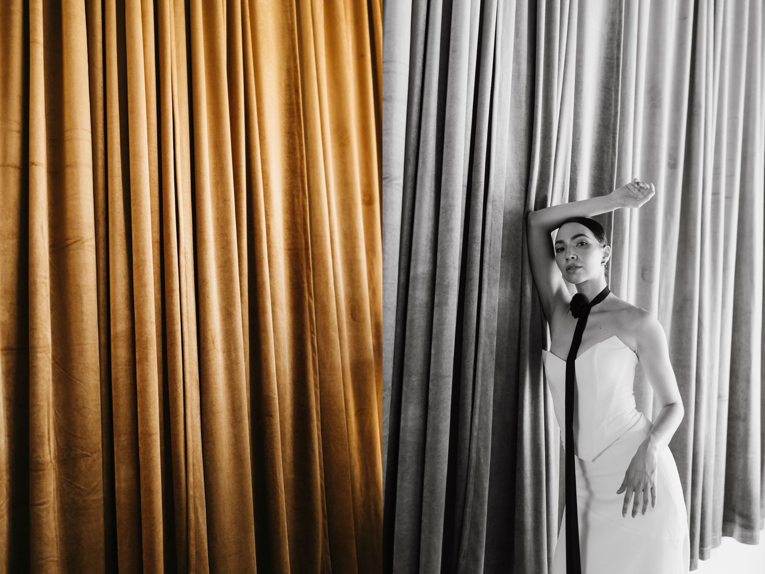 Artistic composition with gold and silver curtains in alternating pattern.