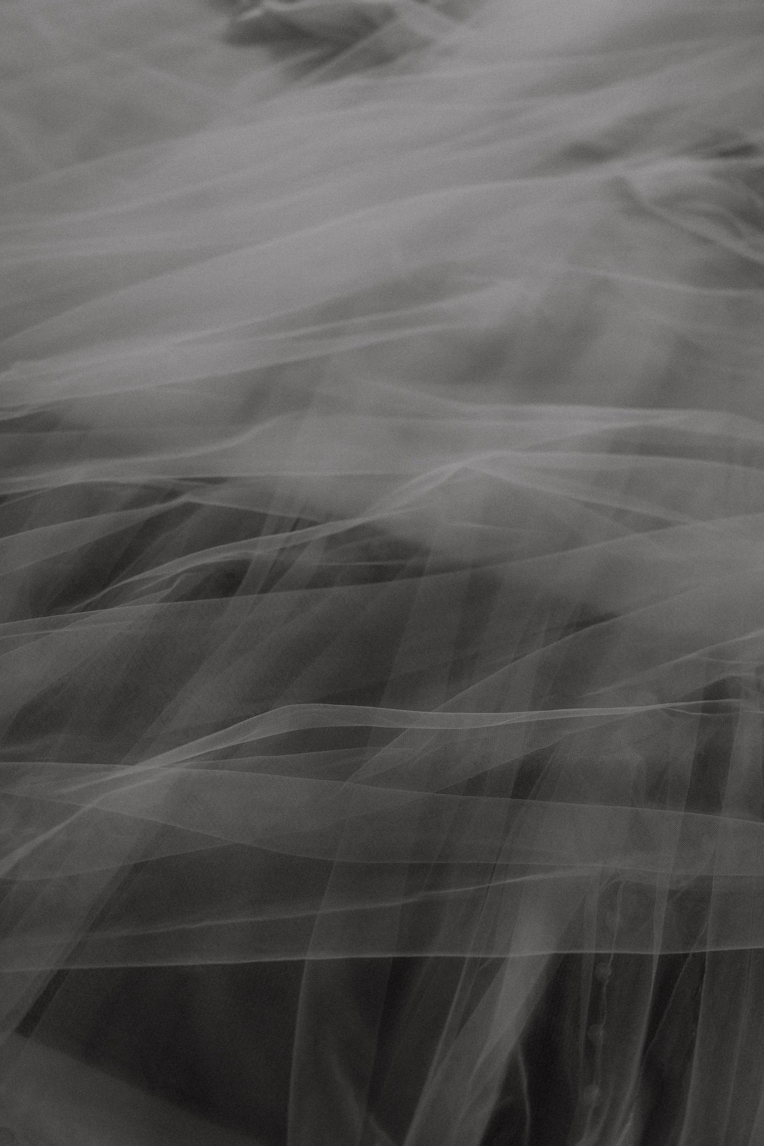 Ethereal white tulle fabric creates a dreamy texture in black and white.