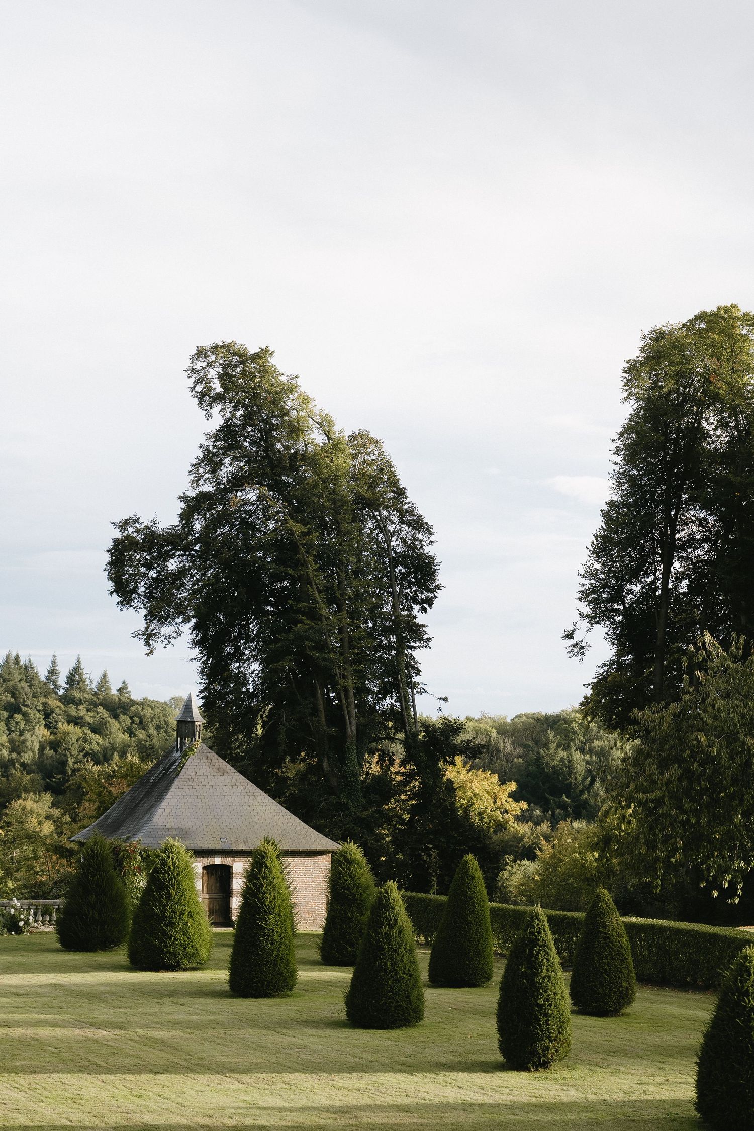 Formal garden with perfectly trimmed topiary bushes leading to a distant structure.