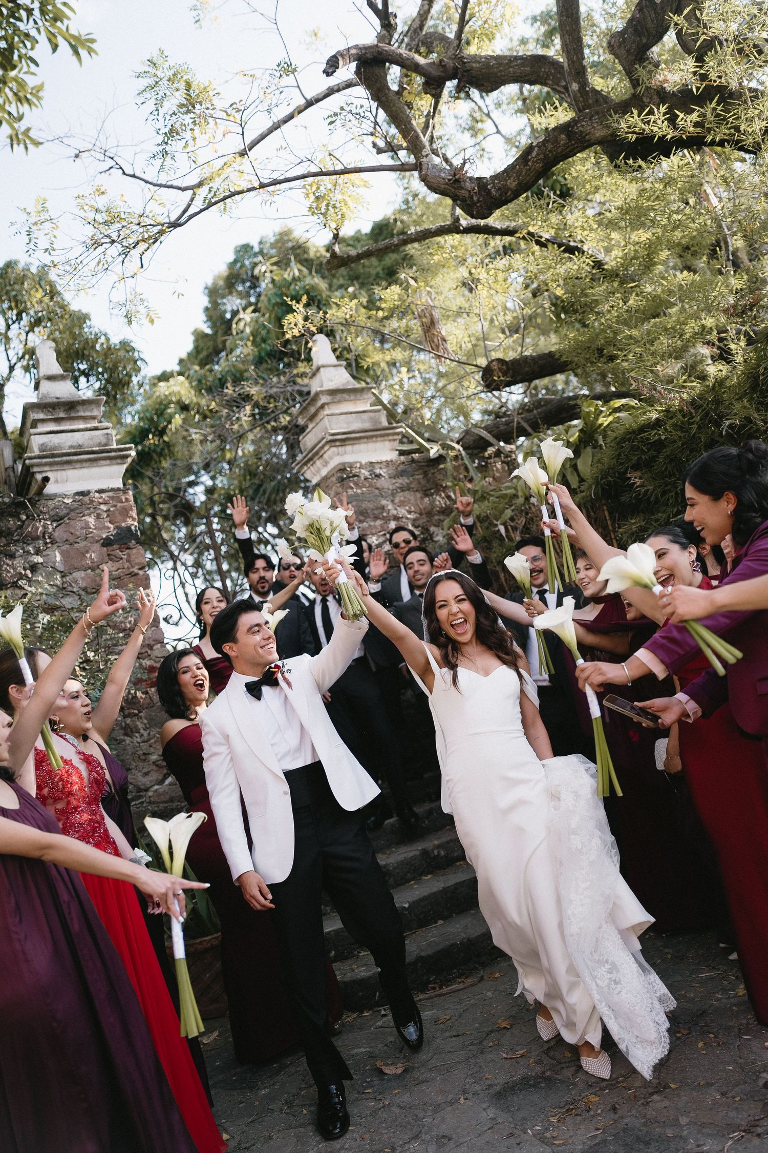 Wedding celebration with guests tossing confetti as newlyweds walk down stone steps under blooming trees.