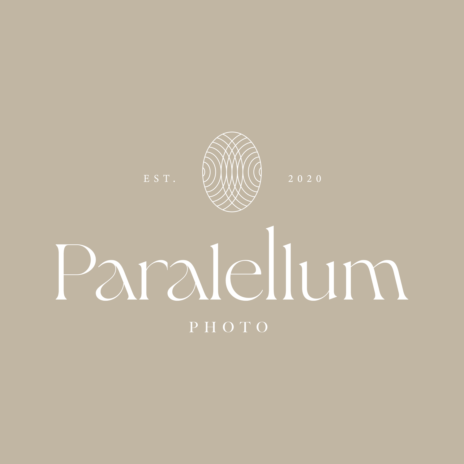 Minimalist beige logo design for Parallellum Photo featuring a fingerprint pattern and modern typography.