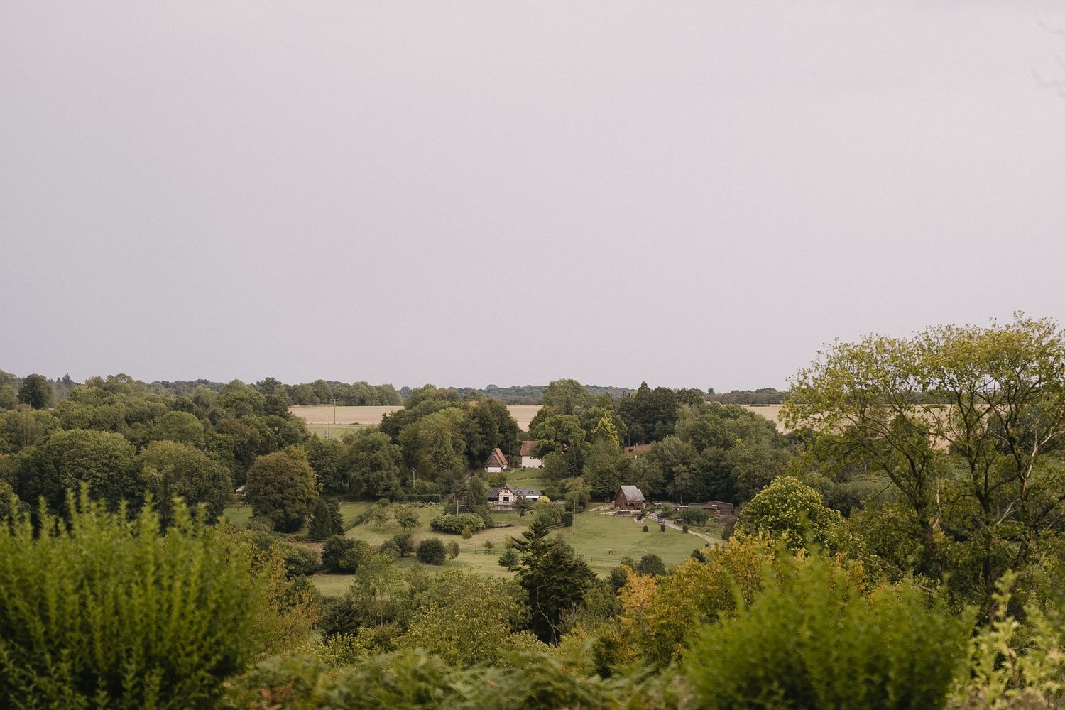 Rolling green hills and scattered trees create a peaceful rural landscape under a cloudy sky.
