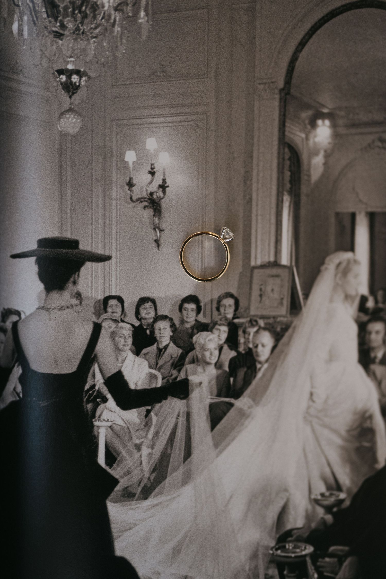 Vintage black and white wedding photos showing a bride in a flowing gown with attendants in an elegant room.