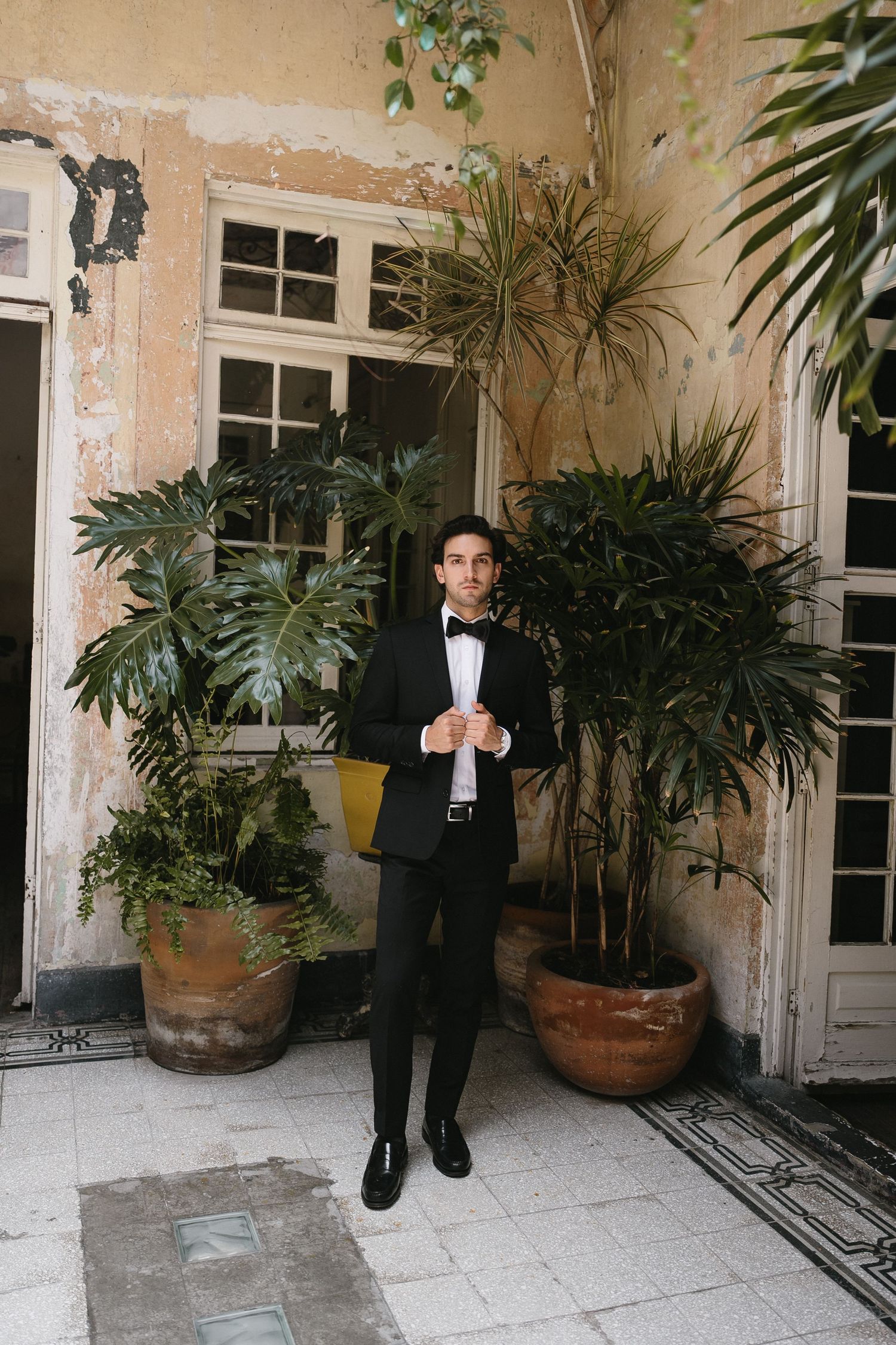 Formal portrait in classic attire surrounded by potted tropical plants.