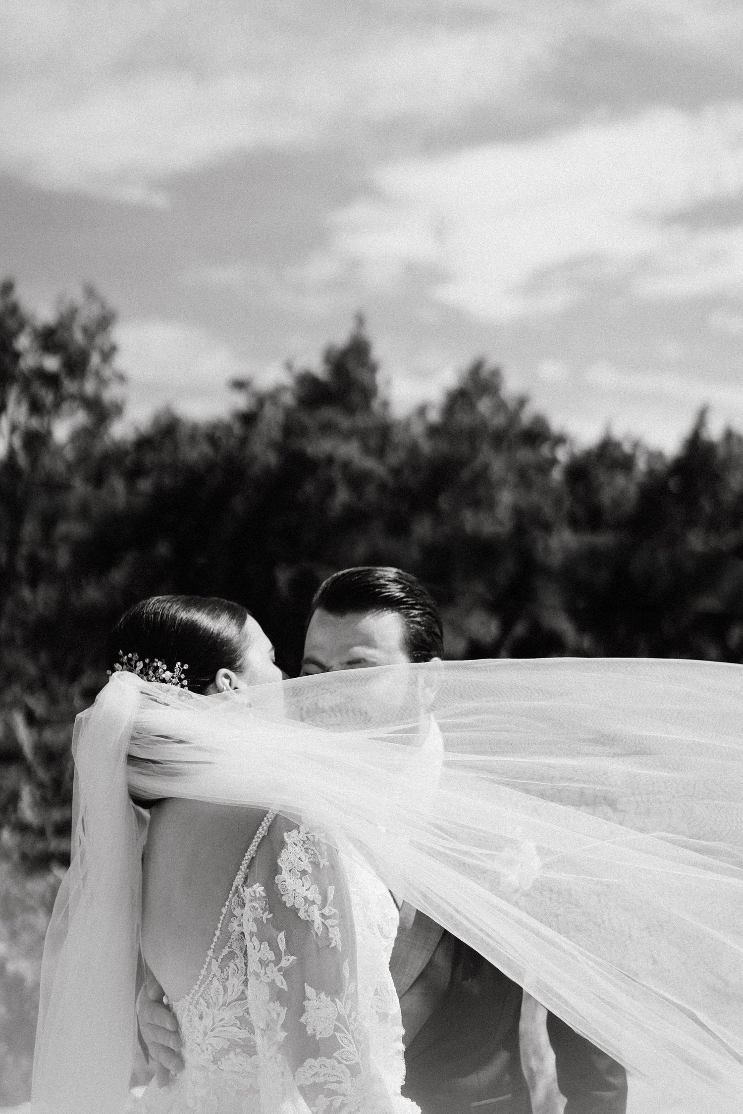 A delicate wedding veil billowing in the wind against a cloudy sky.