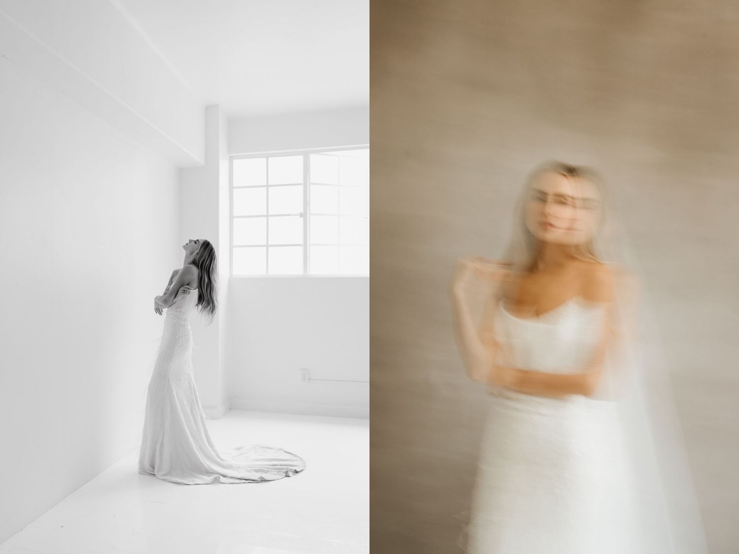 Ethereal bridal portraits in soft natural light against white walls.