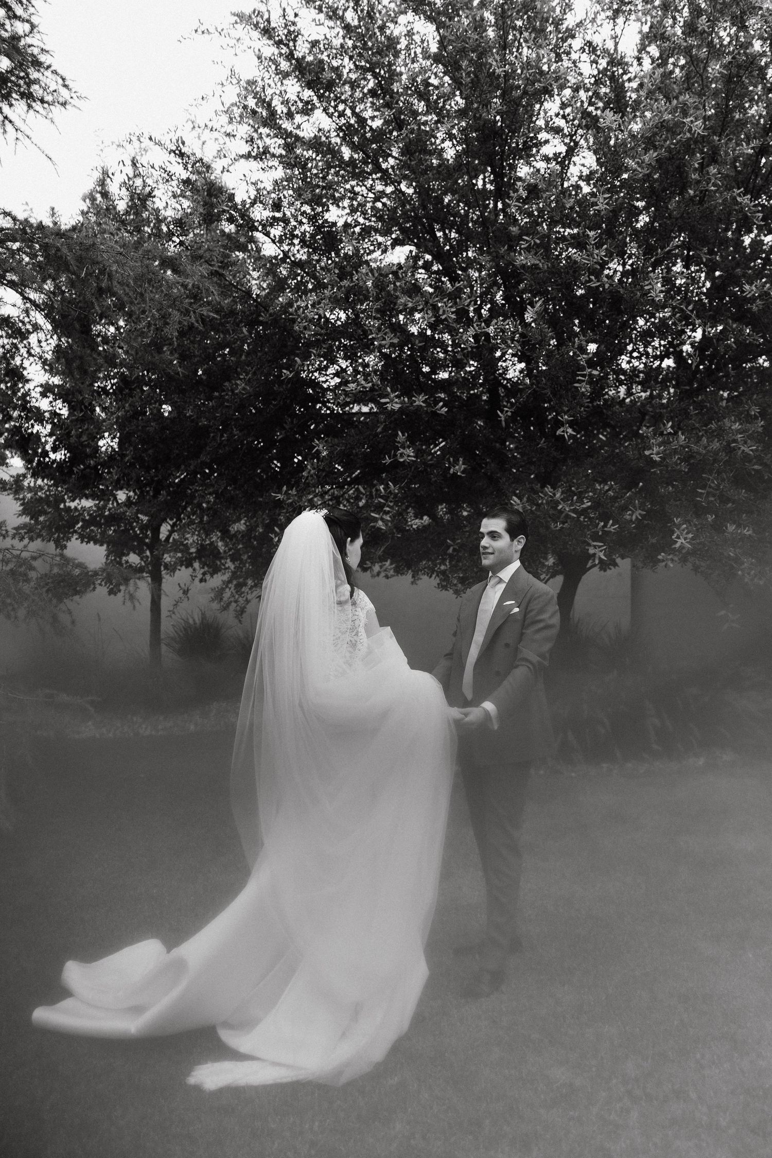 A romantic black and white wedding portrait in a misty garden setting.