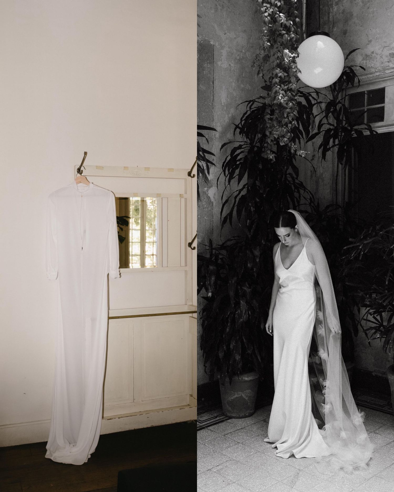 Artistic black and white photos of wedding dresses displayed in an interior setting.