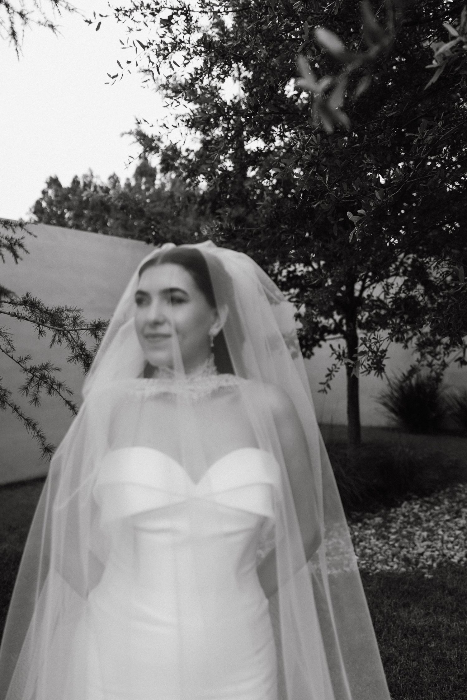Ethereal bridal portraits in black and white showing wedding dress and veil details.