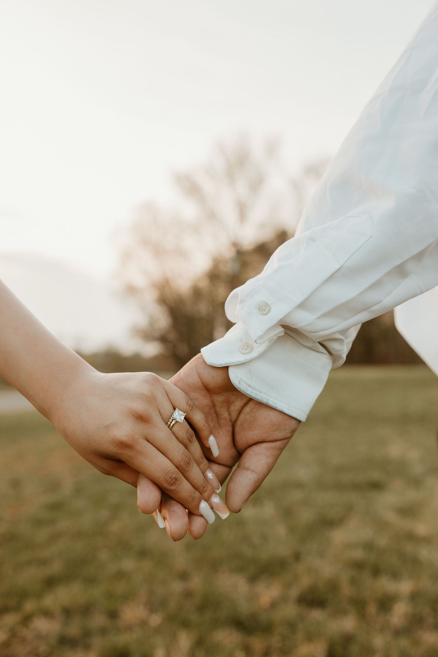 Close-up of newlywed couple holding hands showing wedding rings against natural backdrop.