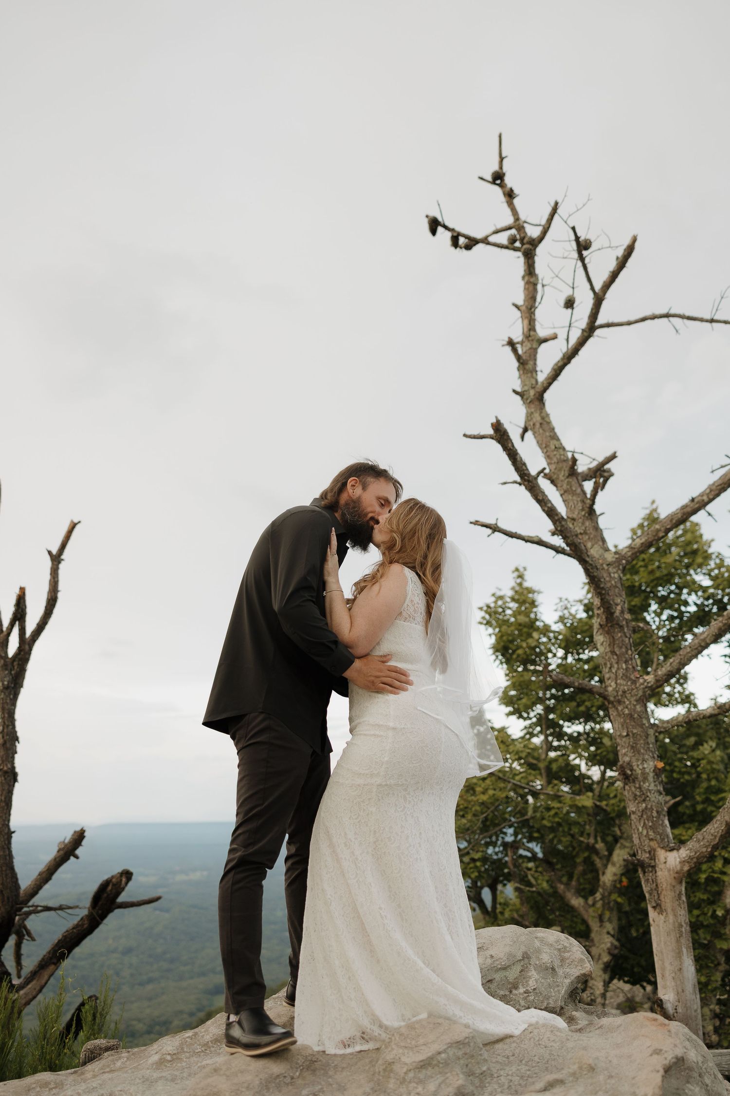 A couple shares an intimate moment on a rocky mountain overlook with a bare tree in the background.