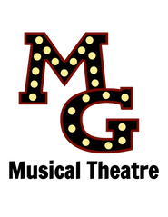 Stylized black letters MG with red outline and yellow dots representing theater marquee lights for Musical Theatre logo.
