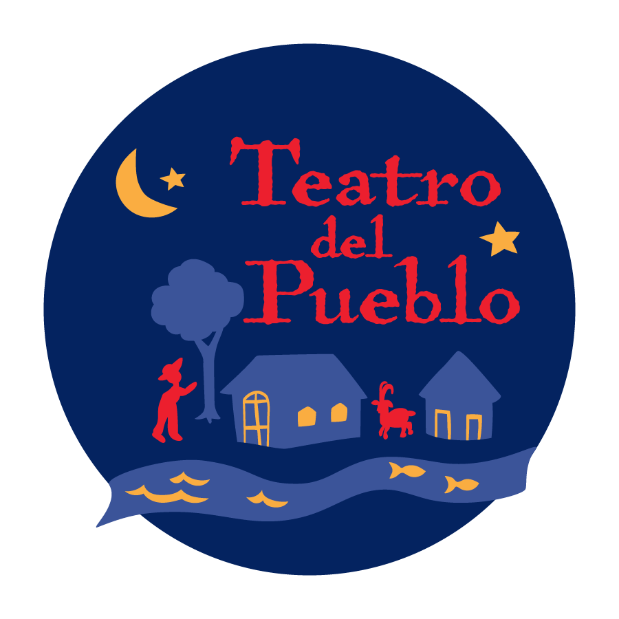 Teatro del Pueblo logo featuring night scene with houses, moon, and stars in blue circular design.