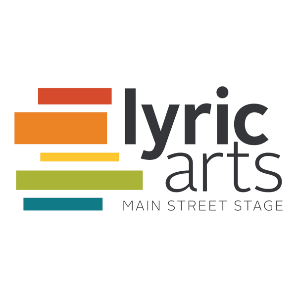 Multicolored geometric logo design for Lyric Arts Main Street Stage with horizontal bars in red, orange, yellow, green and blue.