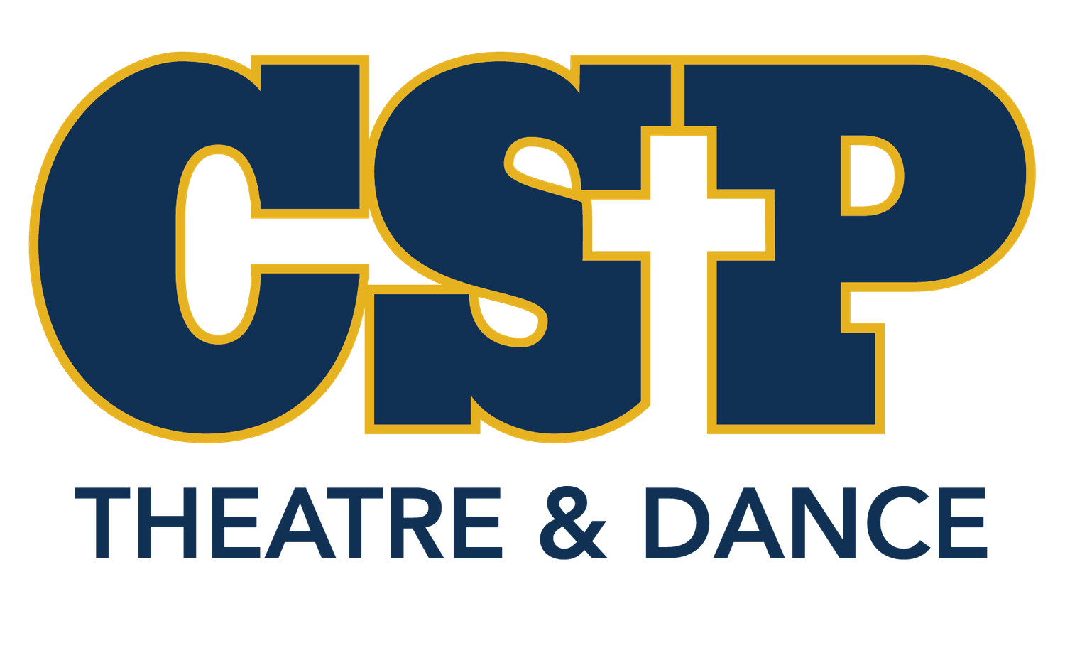Large blue and gold capital letters 'BRITT ESP' creating a retro-style logo design with Theatre & Dance text.