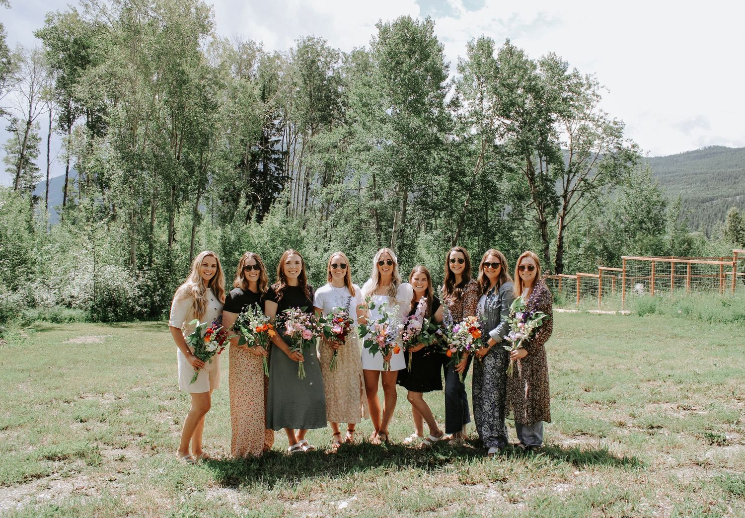 Wedding party members lined up for a group photo in a scenic mountain meadow.