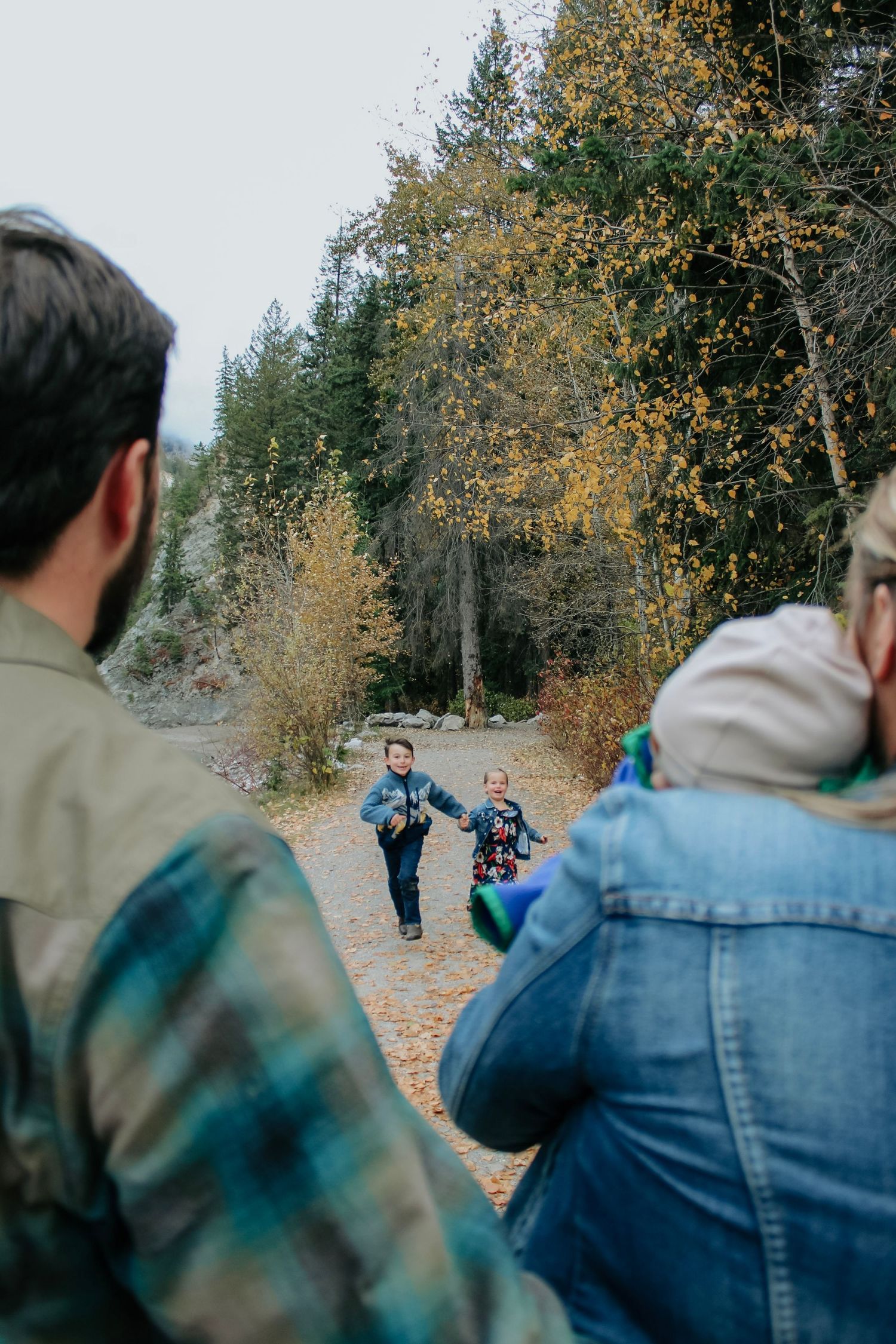 People walking through a forest trail with autumn foliage and golden light.