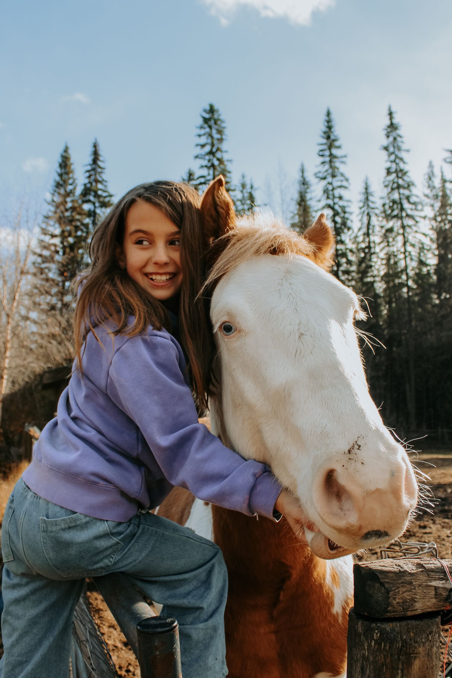 A heartwarming interaction with a white horse against a backdrop of evergreen trees.