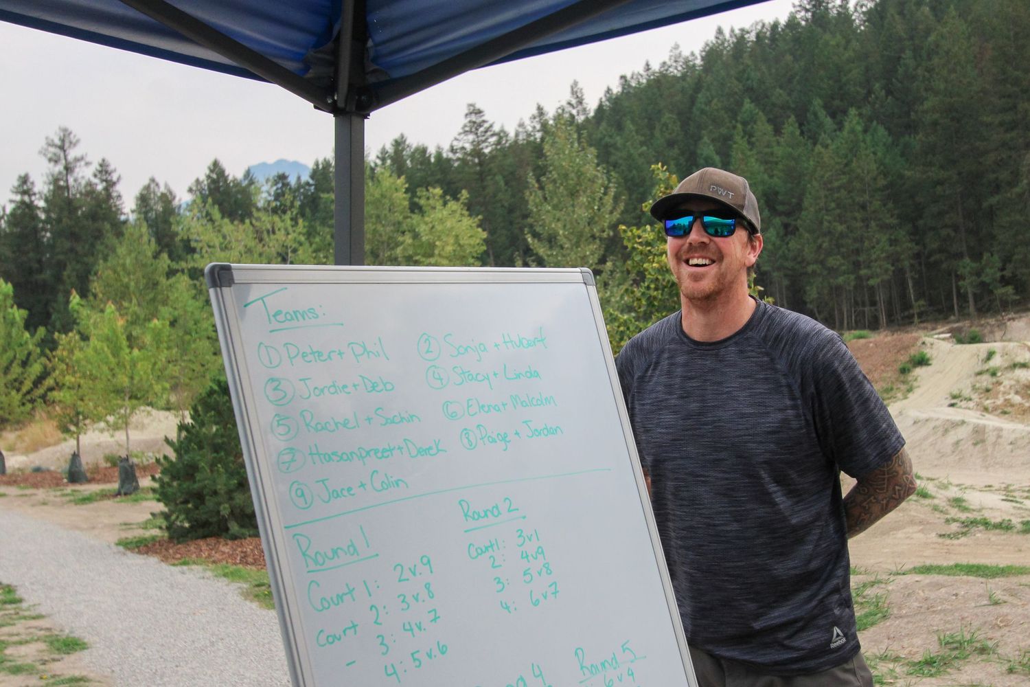 Man standing next to a whiteboard outdoors with forested mountains in the background at a mountain bike event.