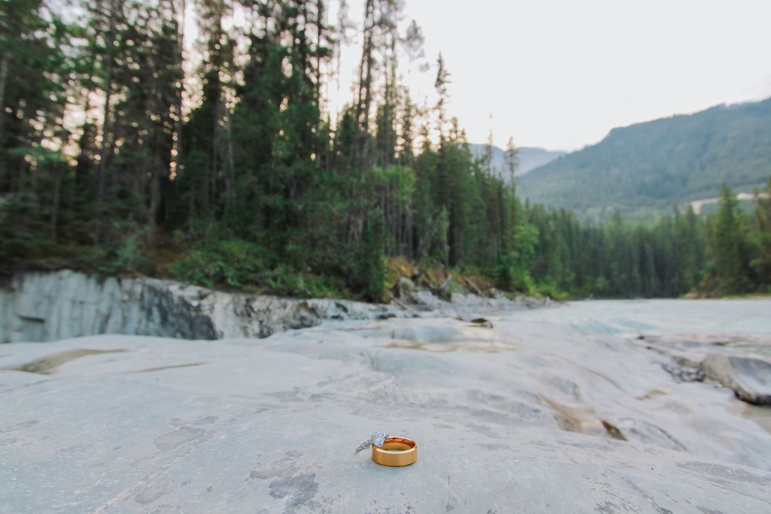 Gold wedding ring resting on rocky riverbank with pine forest and mountain backdrop in natural setting.