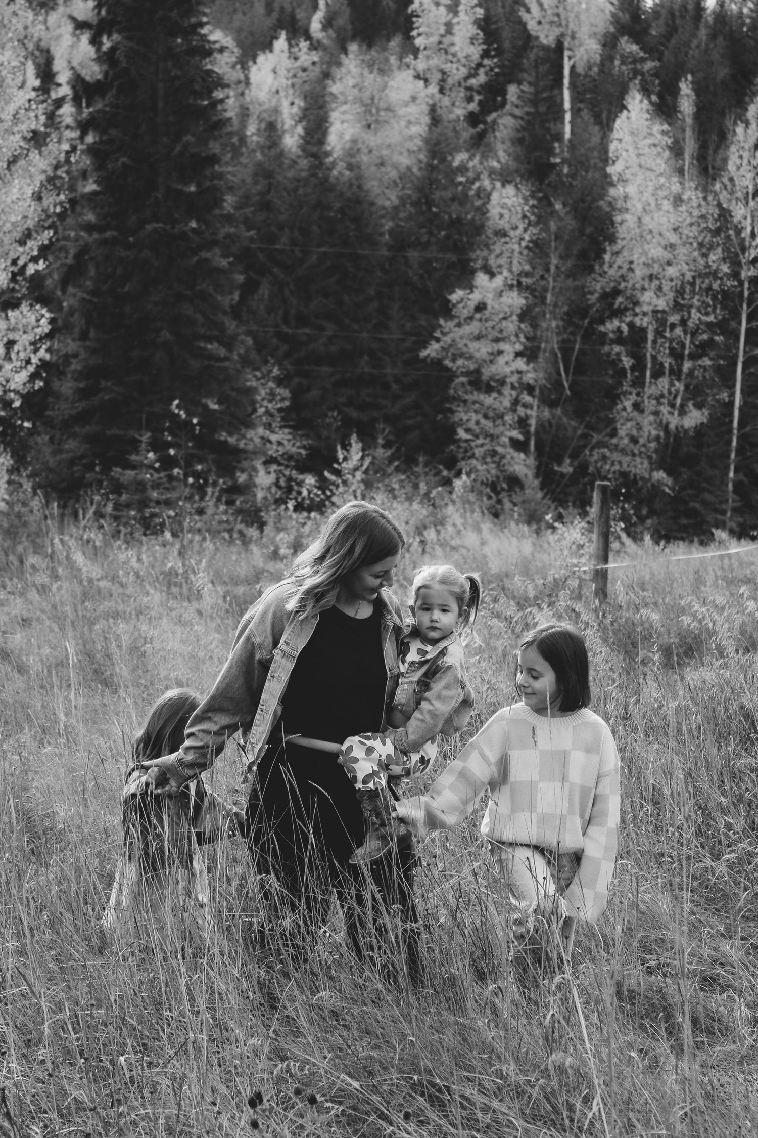 Family gathering in a scenic meadow surrounded by evergreen forest.