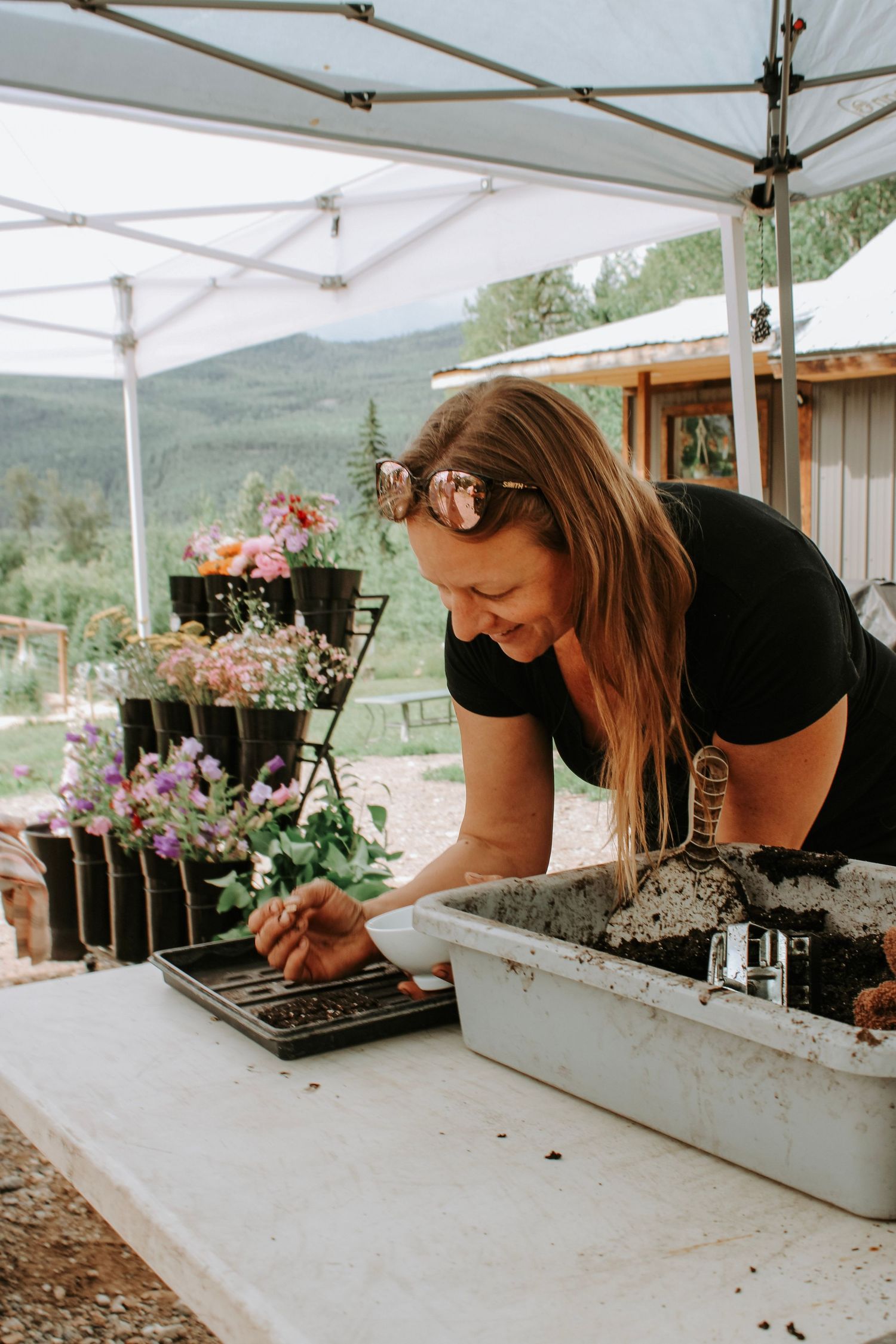 Person arranging flowers and plants in planter boxes under a white outdoor tent.