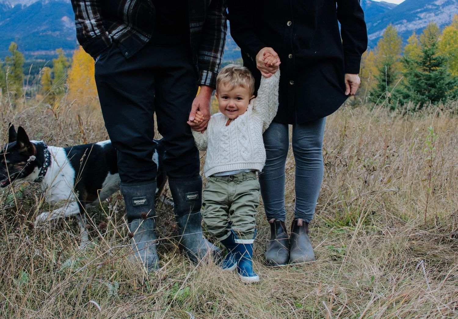 Family walking together through mountain field during autumn photo session.