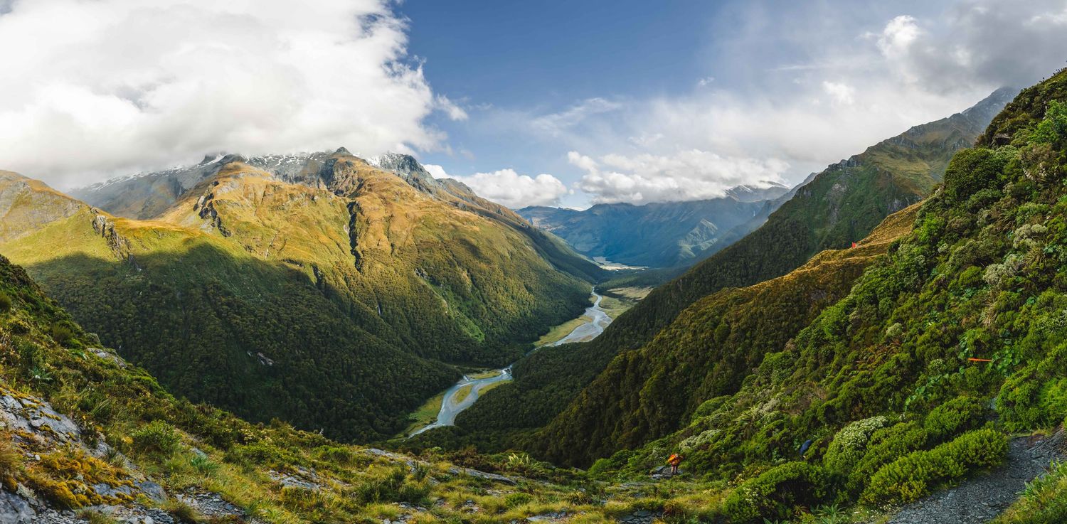 Hikers heading to Liverpool hut in Mount Aspiring National Park.