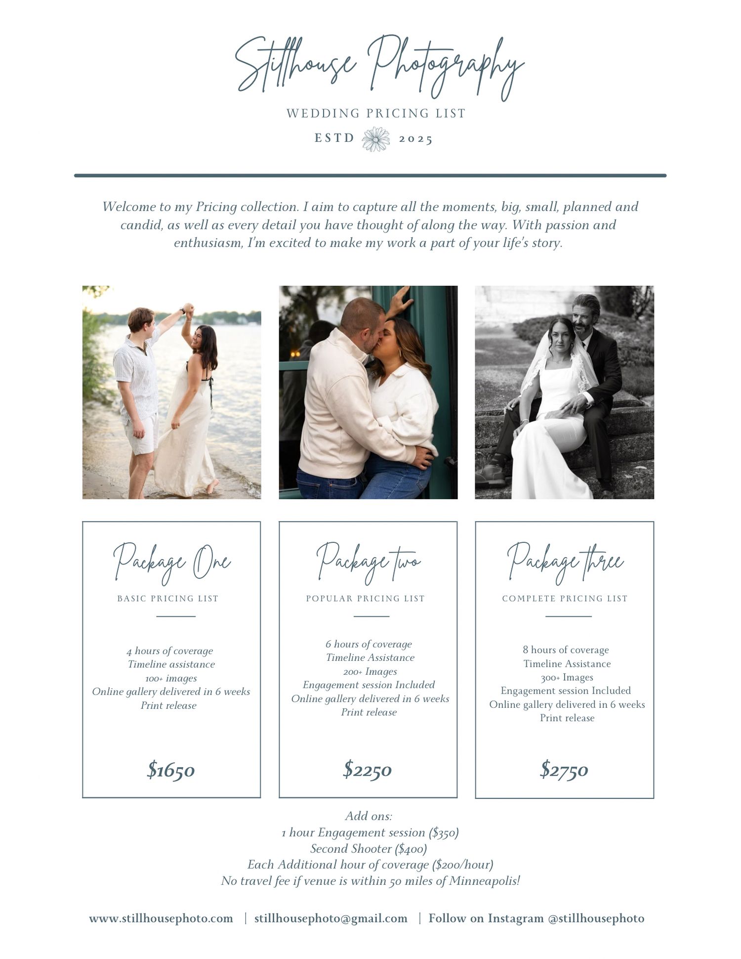Wedding photography service menu displaying three different package options with sample images.