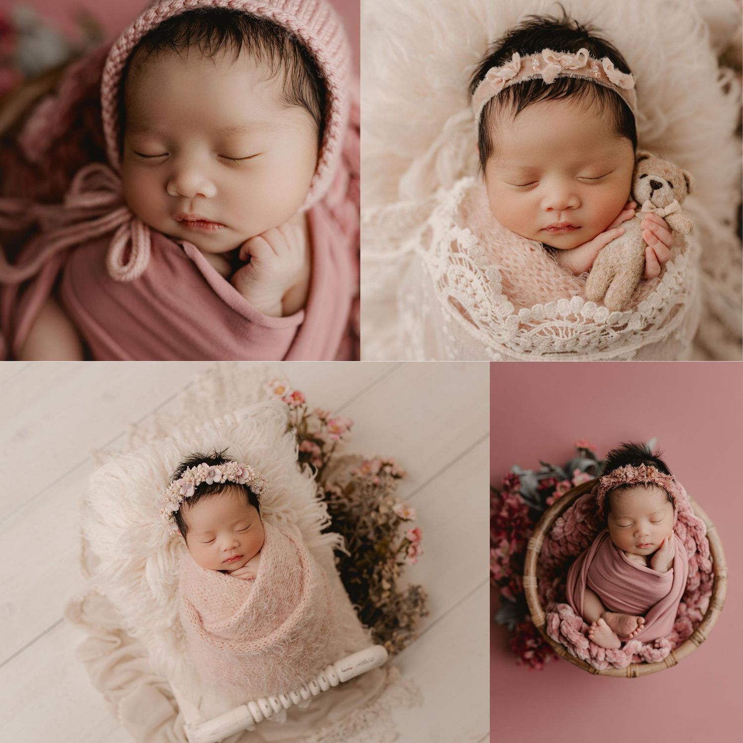 Peaceful newborn baby girl sleeping in pink wrap with floral headband in professional studio photography session.