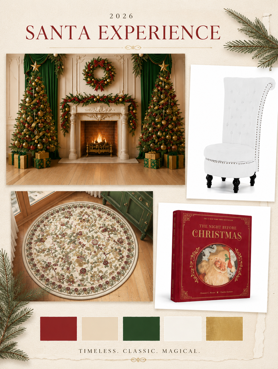 A 2026 Santa Experience mood board featuring Christmas trees, fireplace backdrop, white tufted chair, floral rug, and holiday book.