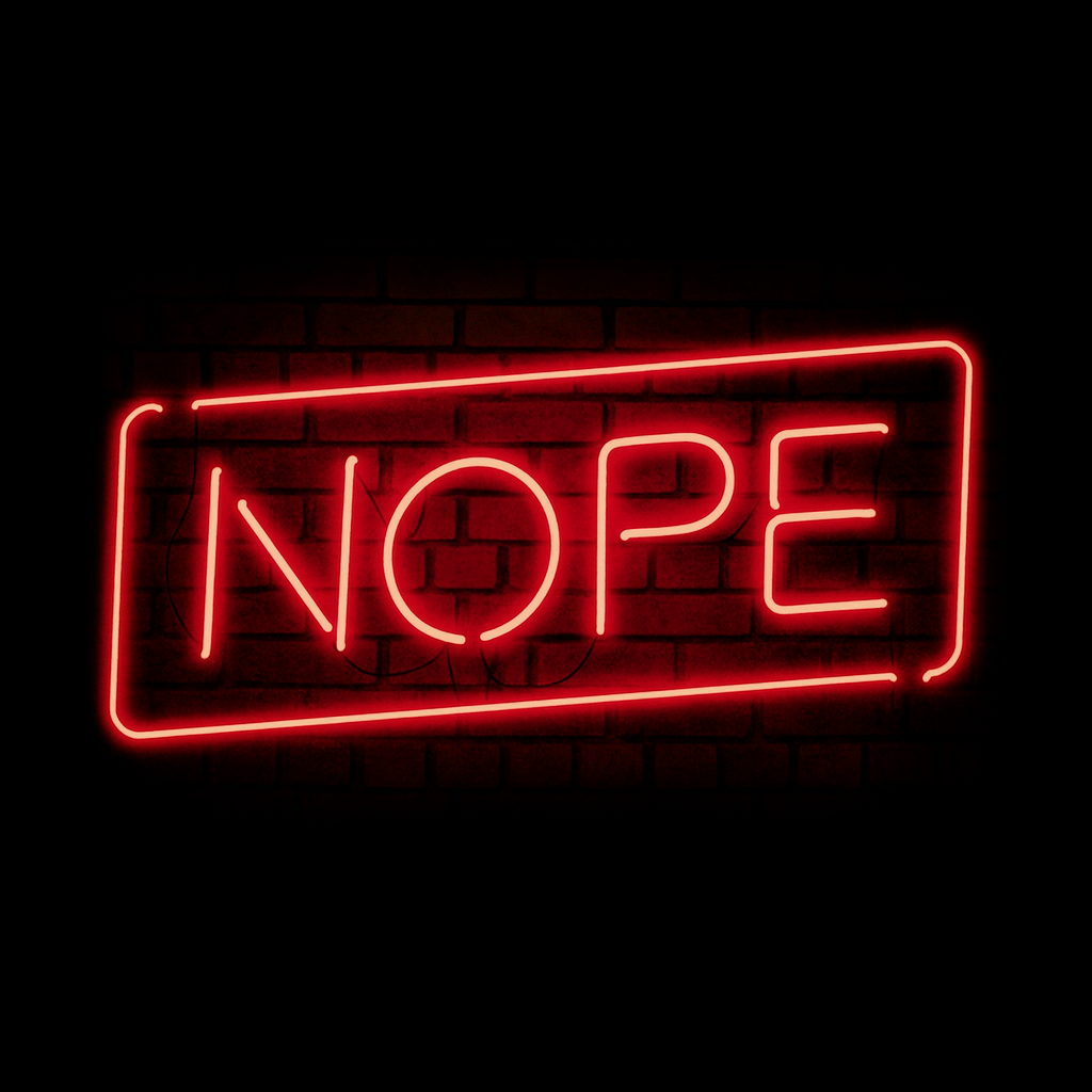 Red neon letters spelling 'NOPC' glowing brightly against a dark background in a modern display.