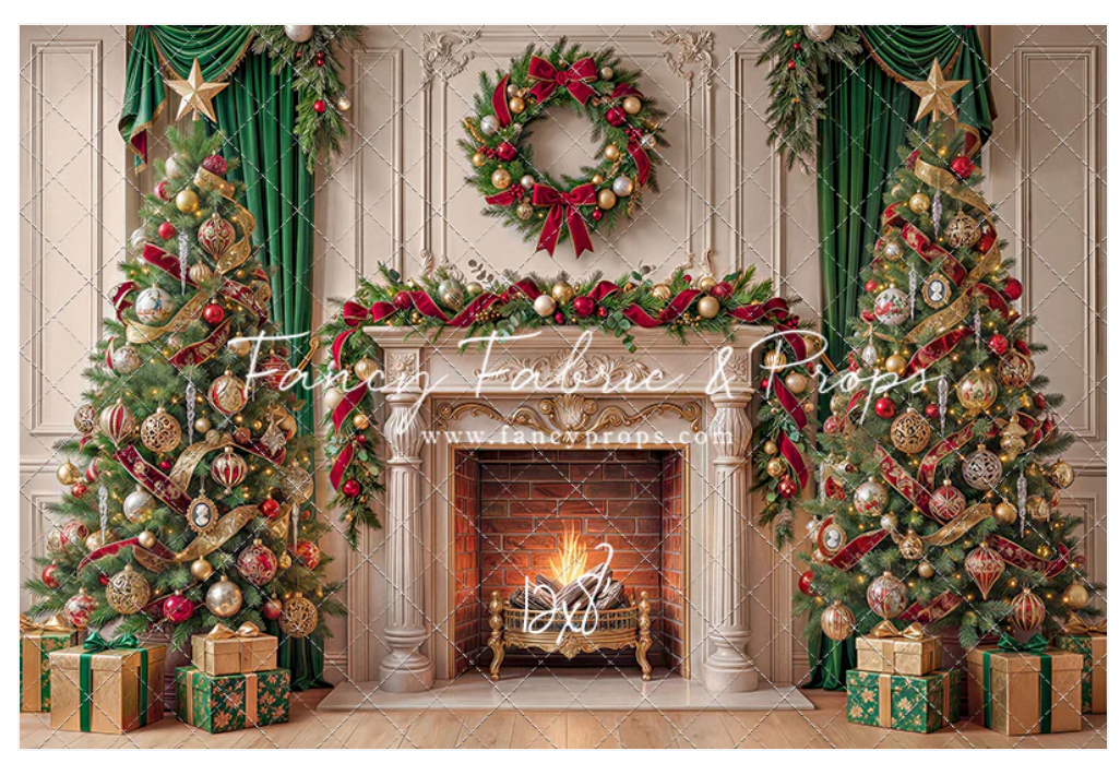 Festive Christmas fireplace backdrop with decorated trees, garland, wreath, green curtains, and wrapped gifts by Fancy Fabric & Props.