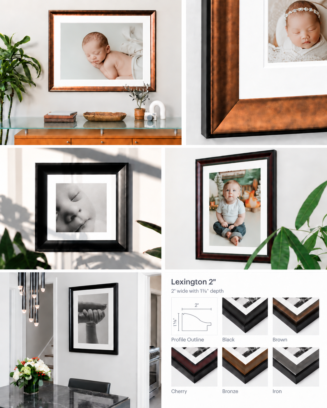 Lexington 2-inch wide picture frames in black, brown, cherry, bronze, and iron finishes displayed with newborn and baby photos.