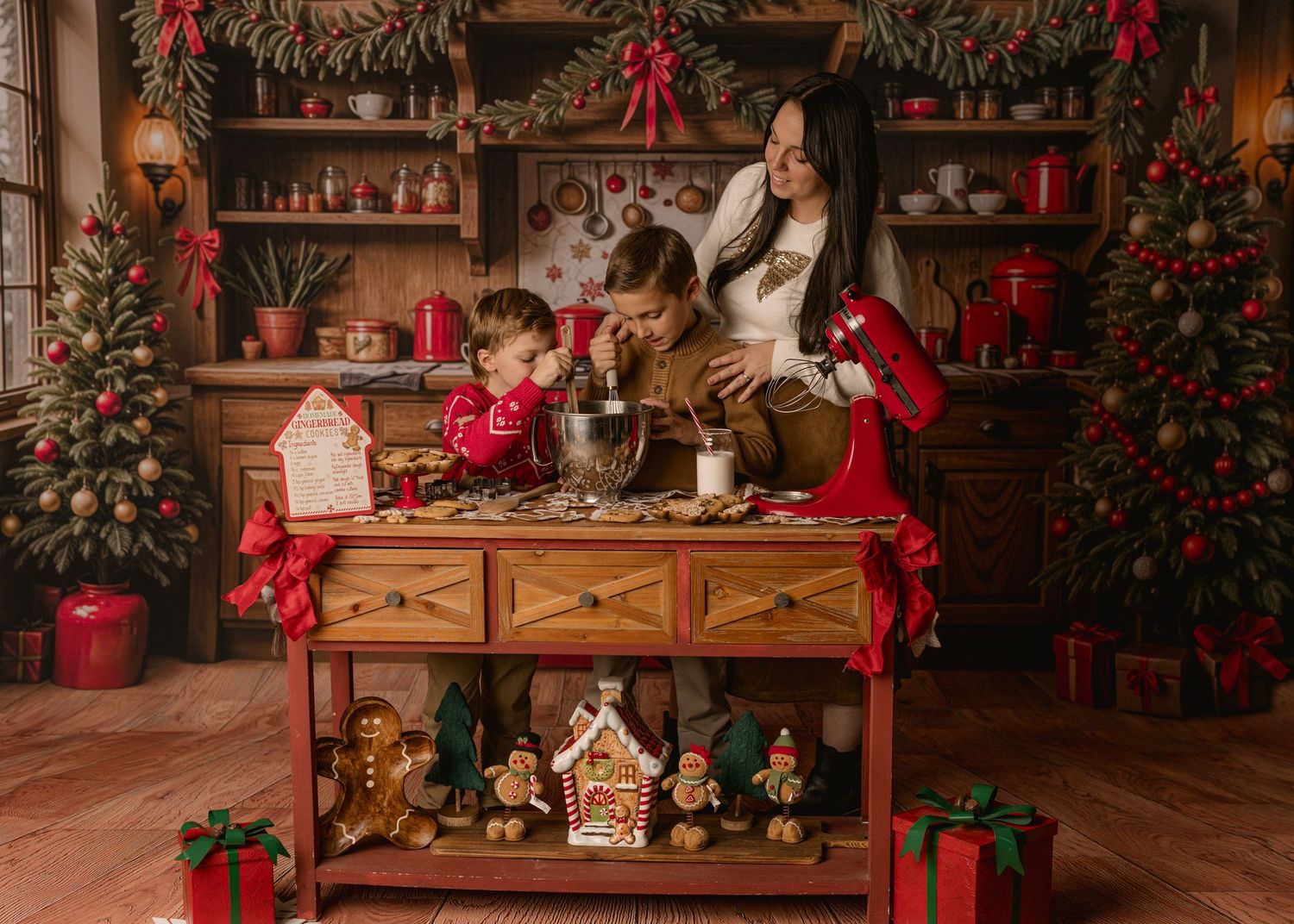 Cozy Christmas scene with decorated wooden table, gingerbread house, festive decor and decorated tree in rustic room.