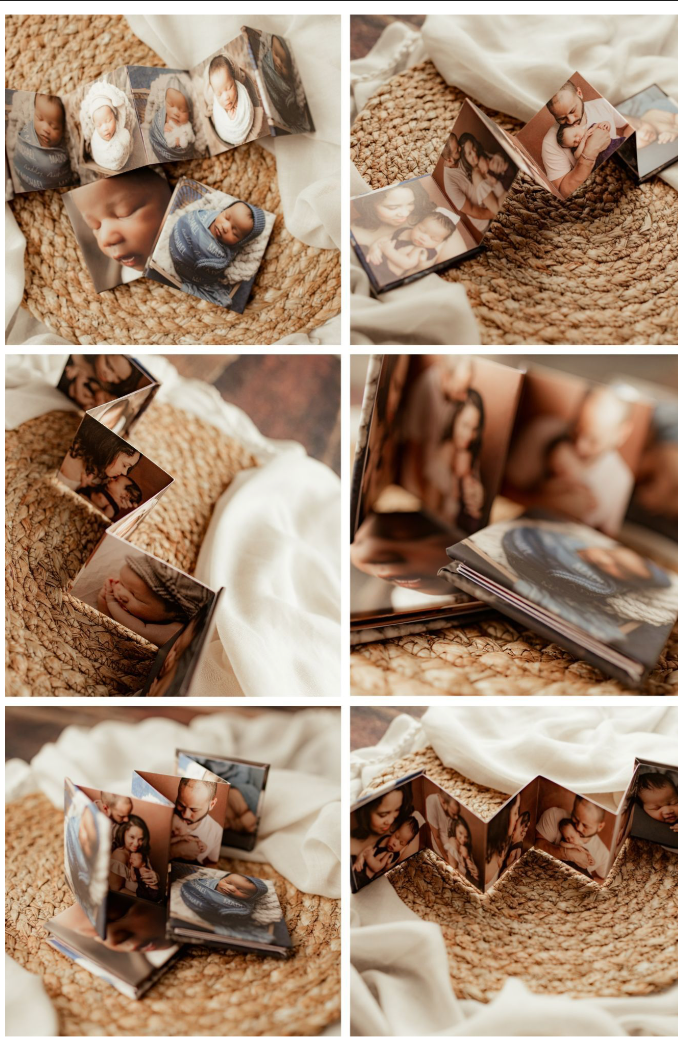 A collection of polaroid photographs scattered on a woven jute or natural fiber mat with white fabric accents.
