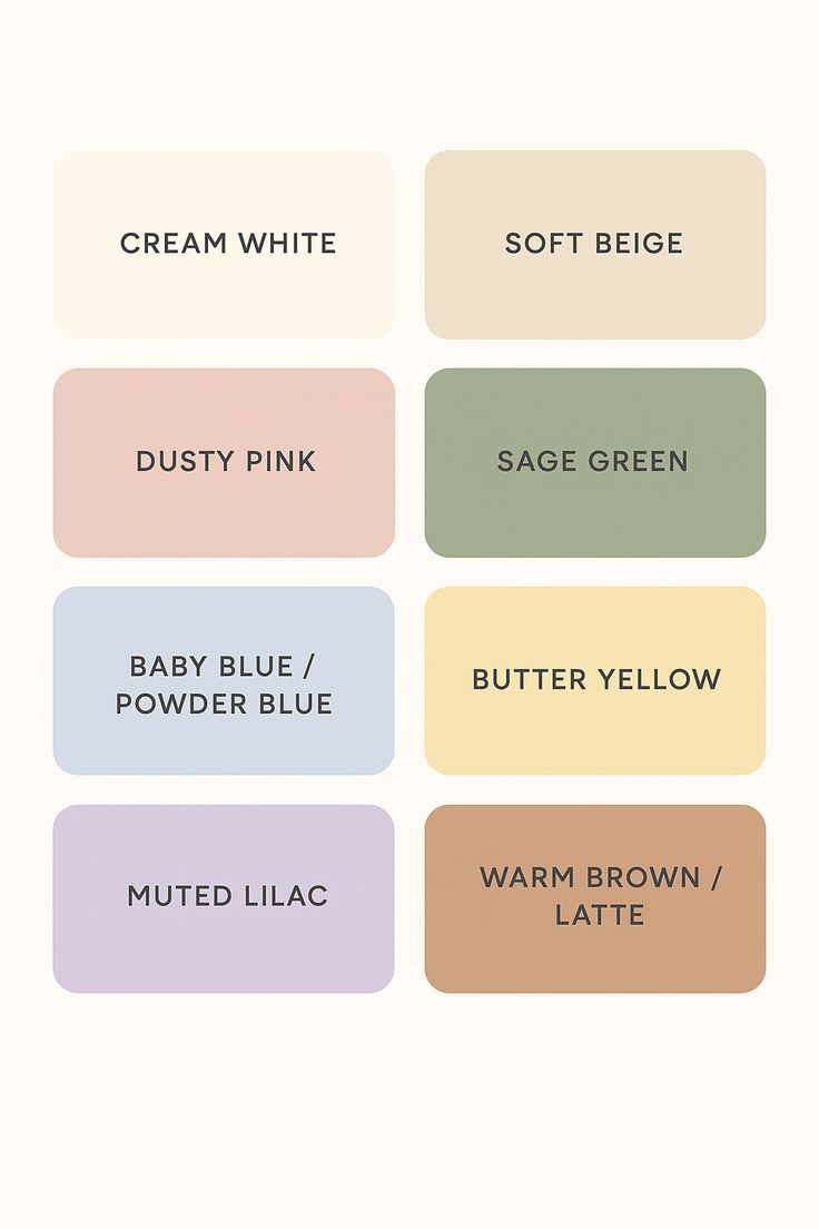 Color palette chart featuring cream white, soft beige, dusty pink, sage green, baby blue, butter yellow, muted lilac, and warm brown.