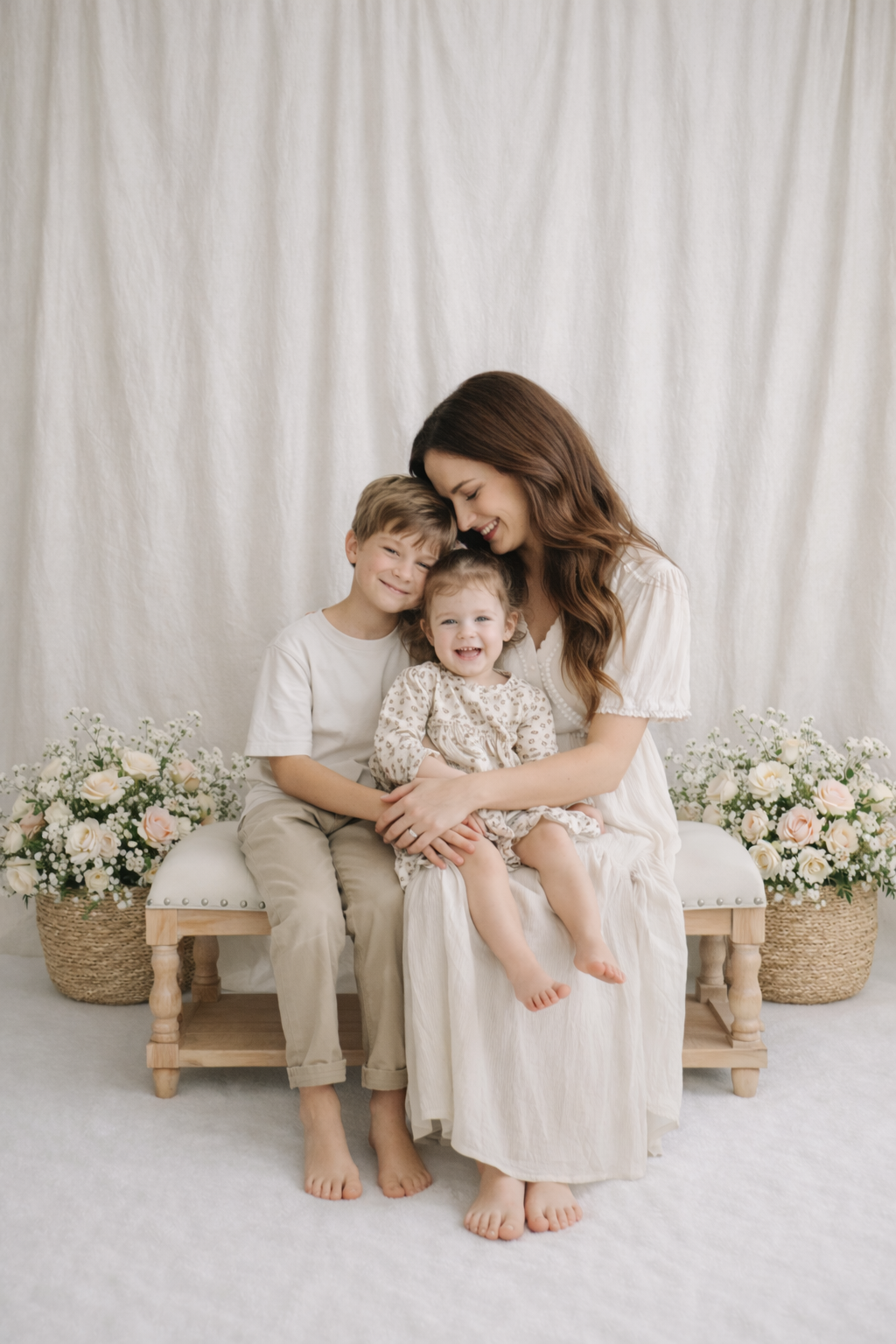 A mother smiles warmly with her two young children on a bench surrounded by white flowers in a bright studio setting.
