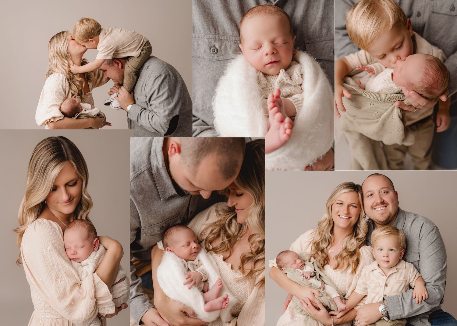 A heartwarming collage of family photos featuring tender moments between parents and their newborn baby in soft neutral tones.