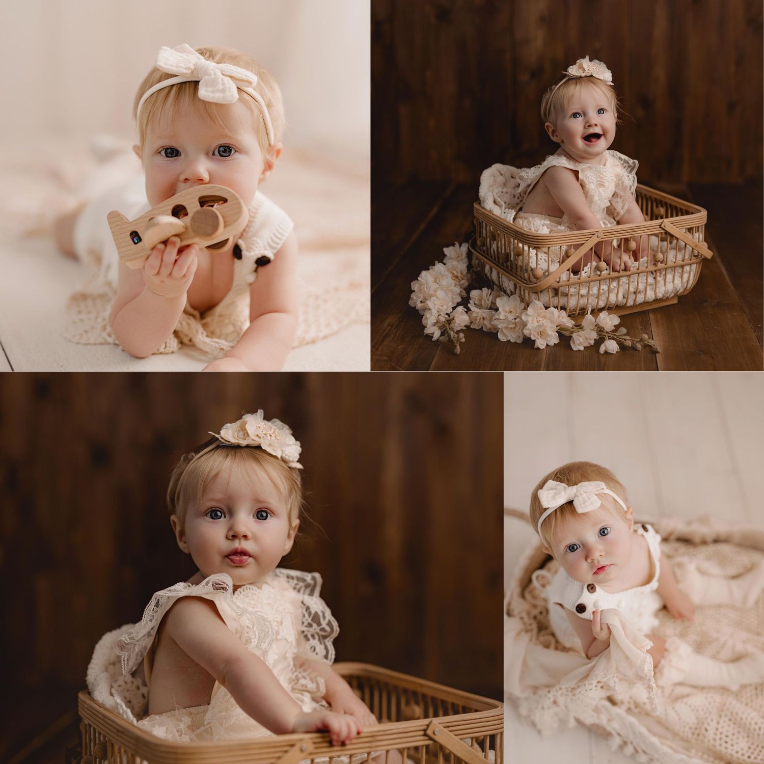 Adorable baby girl in lace outfit poses for milestone photos in a wicker basket with floral accents and bow headband.