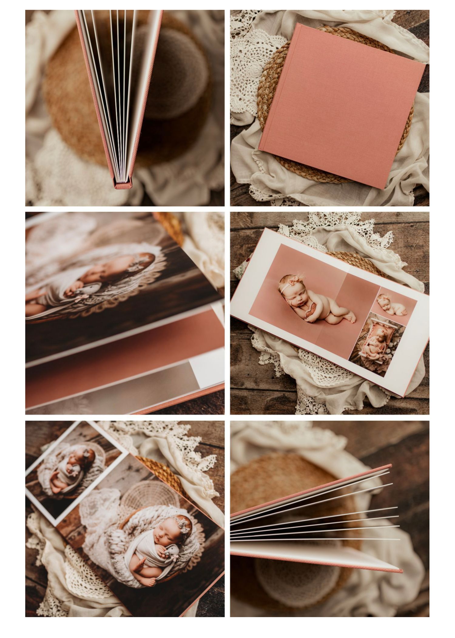 A collection of photo album pages showing pink-toned images and album binding details arranged in a lifestyle collage.