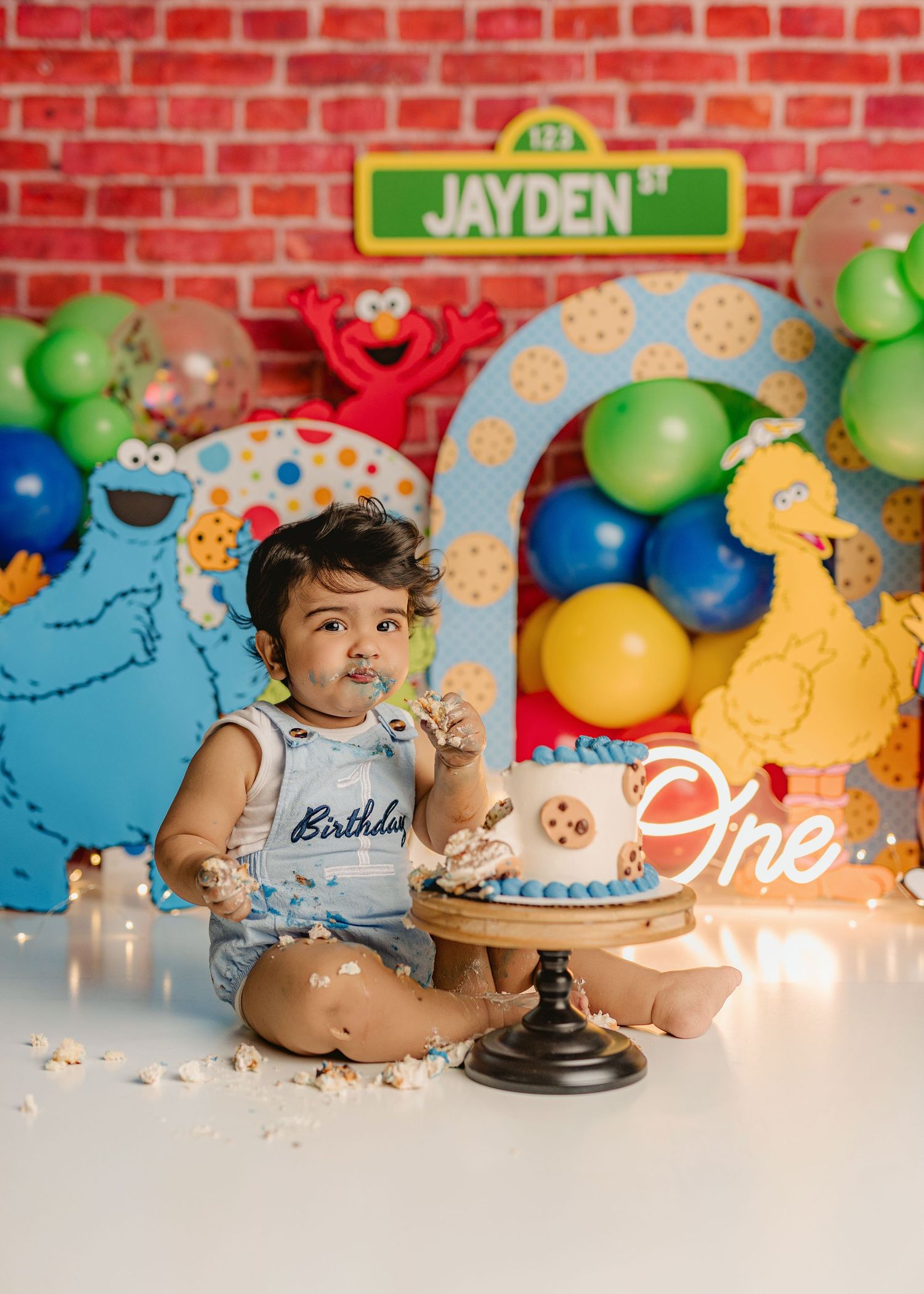 Baby Jayden celebrates his first birthday with a Sesame Street themed cake smash. Clarkston cake smash photographer